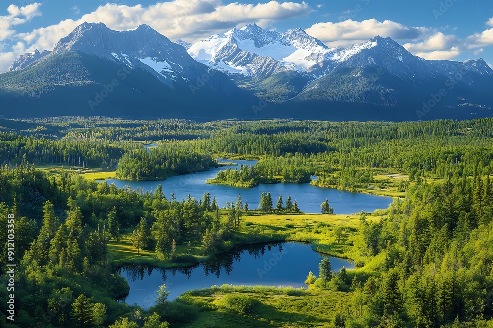 Fototapeta premium Mountainous Landscape with Lush Greenery and a Serene Lake, a Breathtaking View in Nature's Majesty