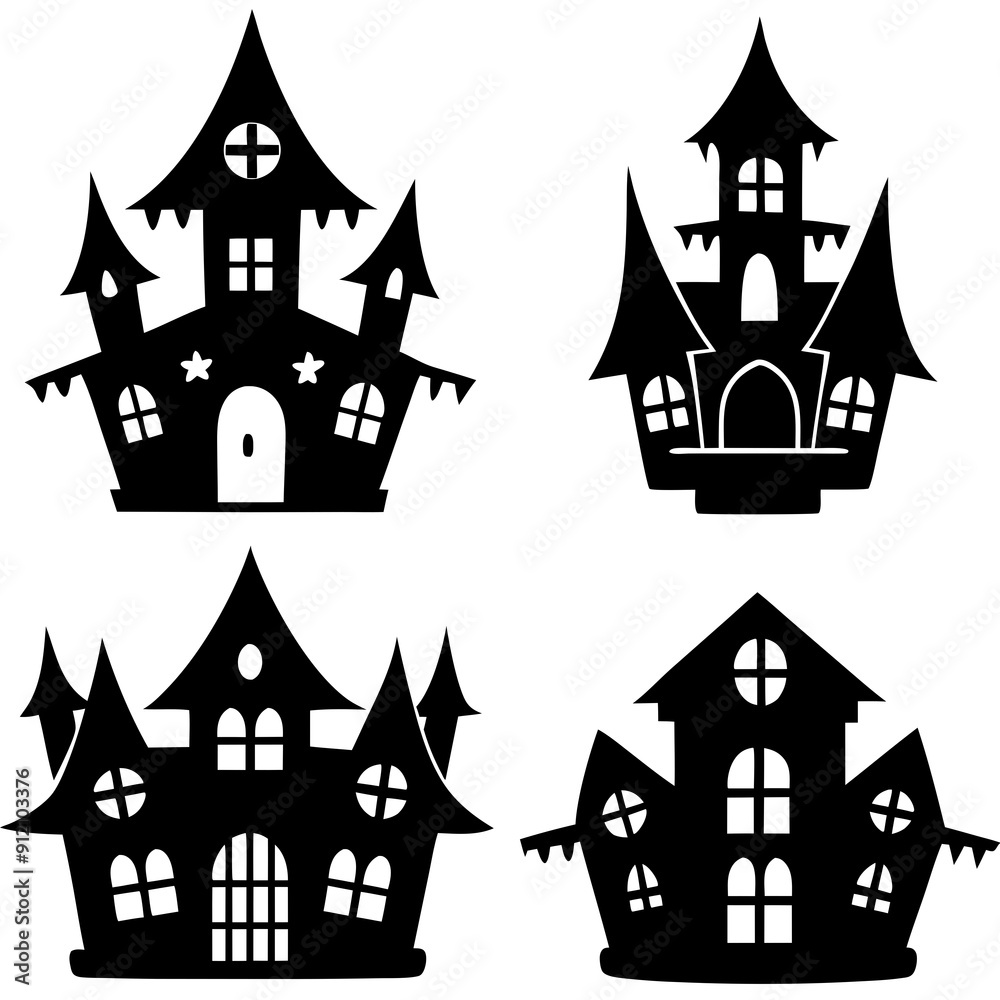 scary Halloween house black silhouette Set art vector illustration scary Halloween house black silhouette Set art vector illustration