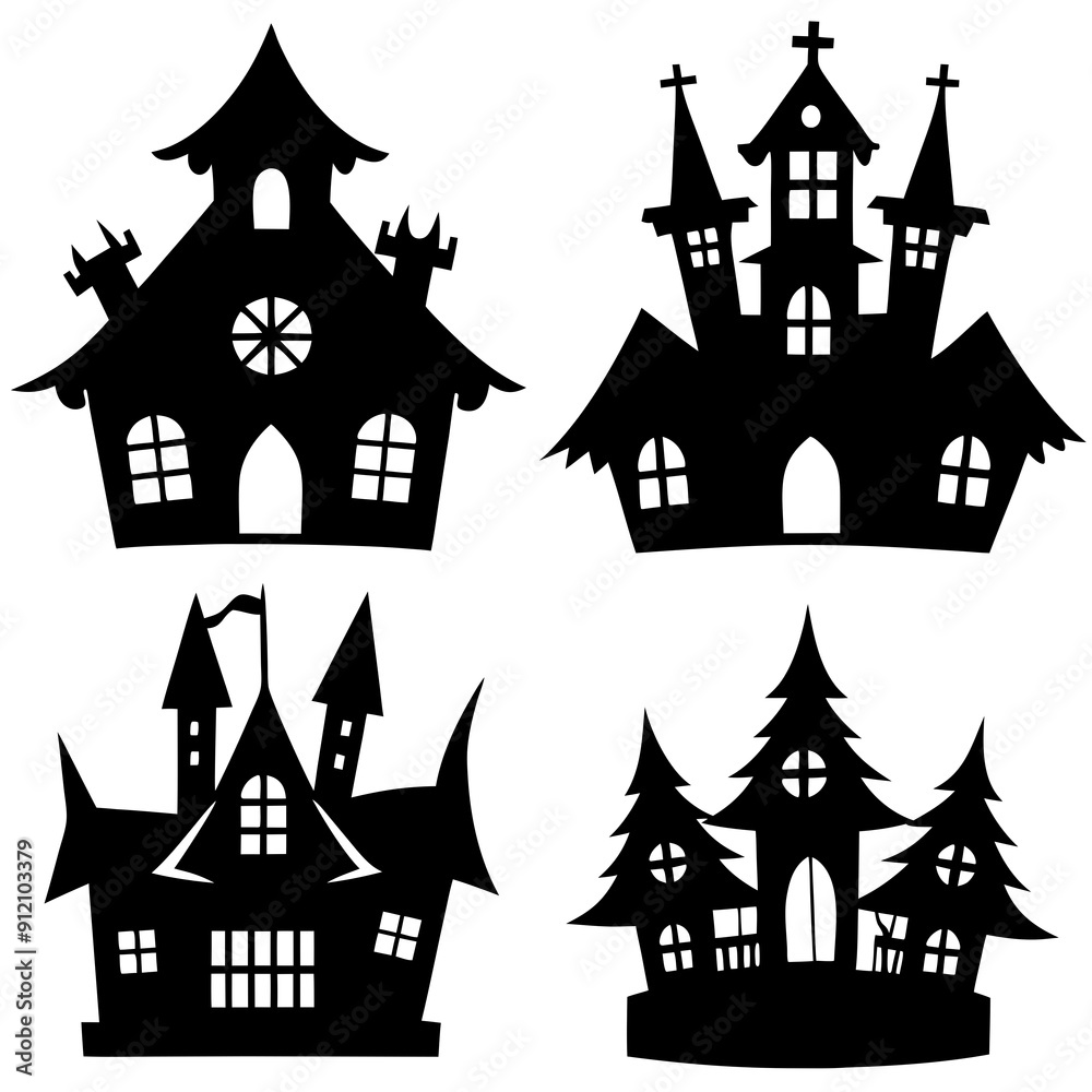 Obraz premium scary Halloween house black silhouette Set art vector illustration