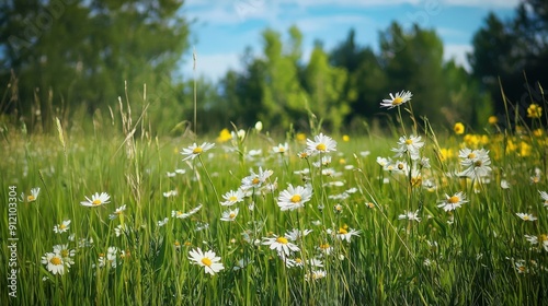 A vibrant meadow filled with blooming daisies and lush greens under a clear blue sky, perfect for nature lovers.