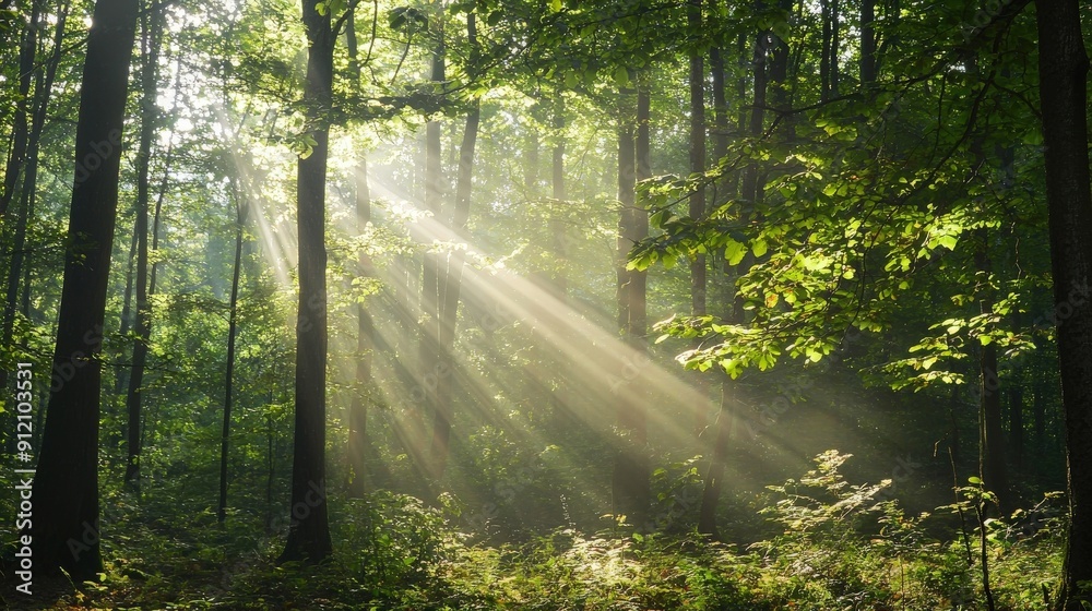 Fototapeta premium Beautiful sun rays filtering through lush green forest trees, creating a serene and peaceful natural atmosphere.