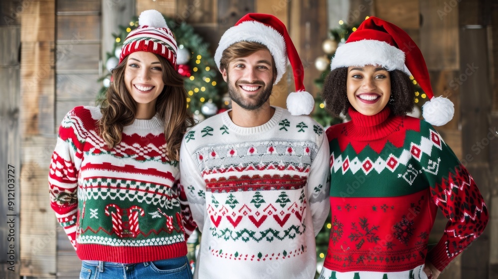 Obraz premium Cheerful friends in festive sweaters and Santa hats, celebrating the holiday season in a cozy, decorated setting.