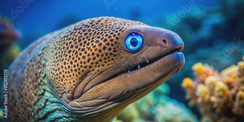 Giant moray eel with piercing blue eyes swimming in the ocean , wildlife, marine life, sea creature, underwater, intimidating