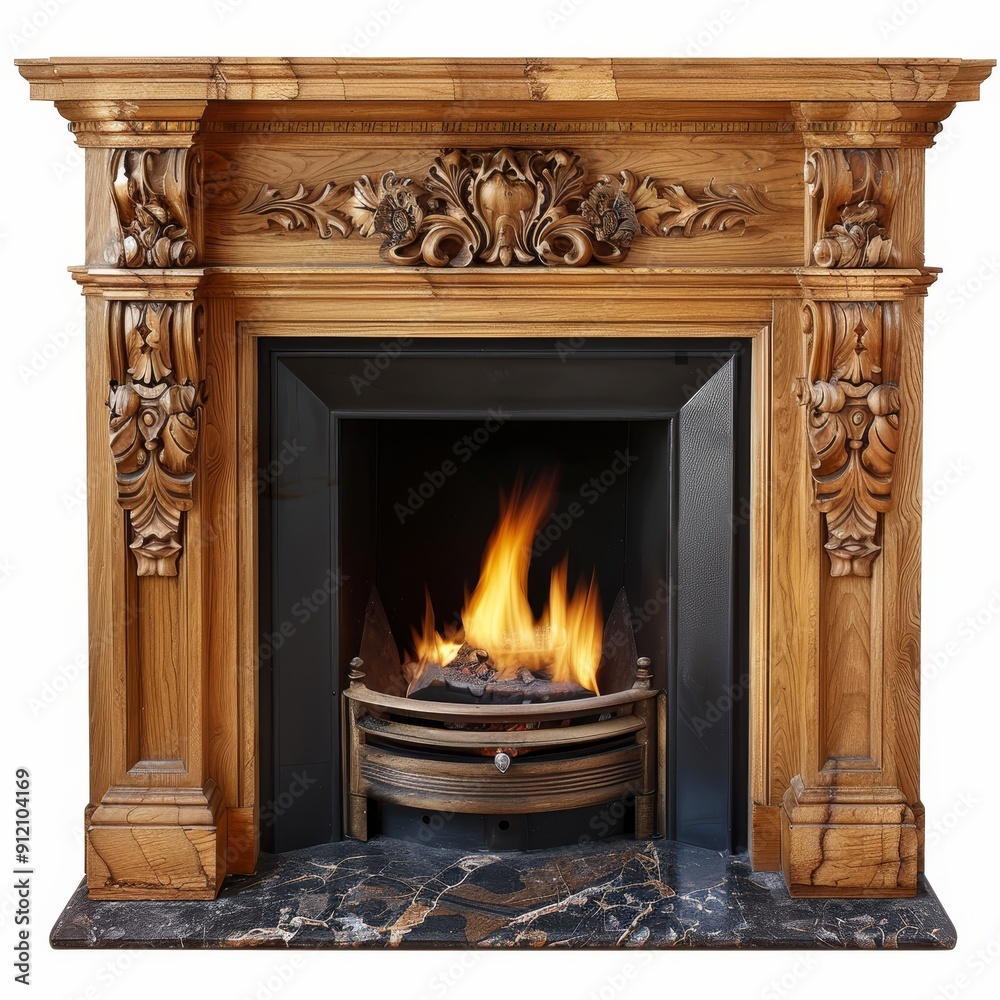 Ornate wooden fireplace with roaring fire.