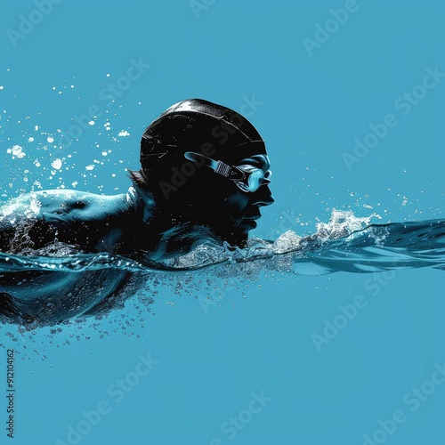 side view, Olympic swimming champion, light blue background