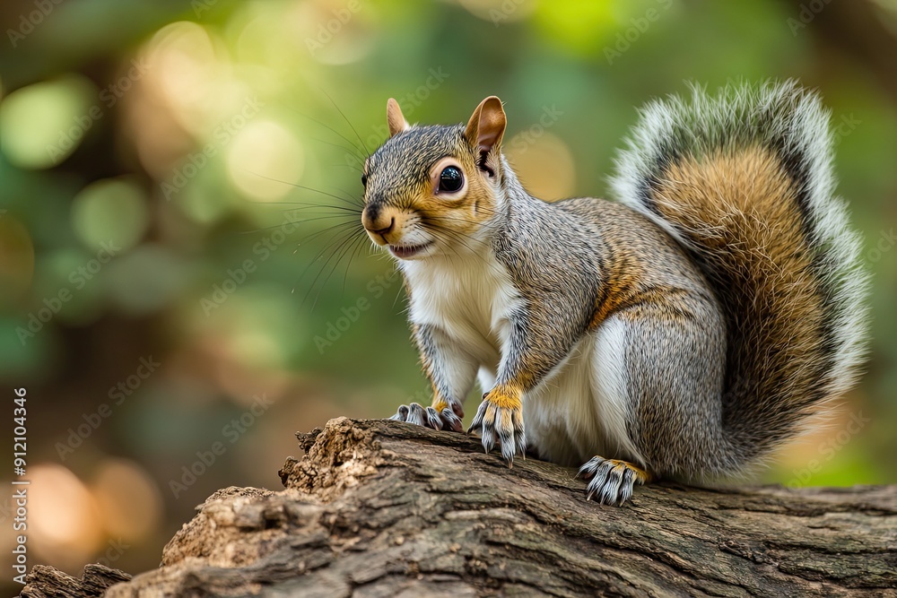 Close-up of a squirrel sitting on a log with a woodland background Close-up of a squirrel sitting on a log with a woodland background