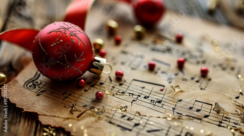 Festive arrangement of red ornament and vintage sheet music, evoking holiday spirit and musical nostalgia. photo