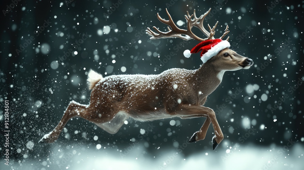 Enchanted Christmas Deer Leaping in Snowy Forest - Festive Holiday Magic and Fantasy with Shimmering Colors and Dynamic Pose, Generative AI Enchanted Christmas Deer Leaping in Snowy Forest - Festive Holiday Magic and Fantasy with Shimmering Colors and Dynamic Pose, Generative AI