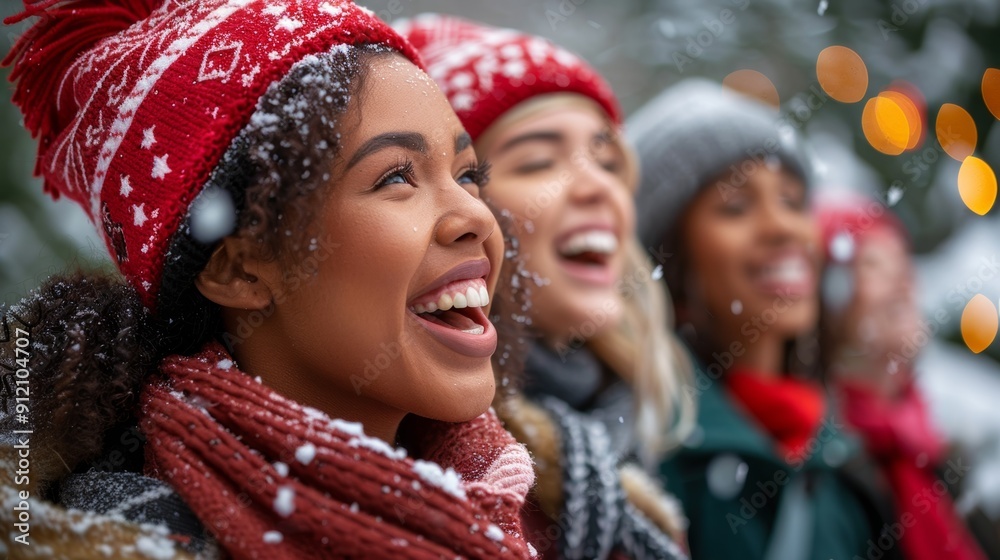 Joyful friends laughing together in the snow, wearing colorful winter hats and scarves, enjoying a festive winter atmosphere.