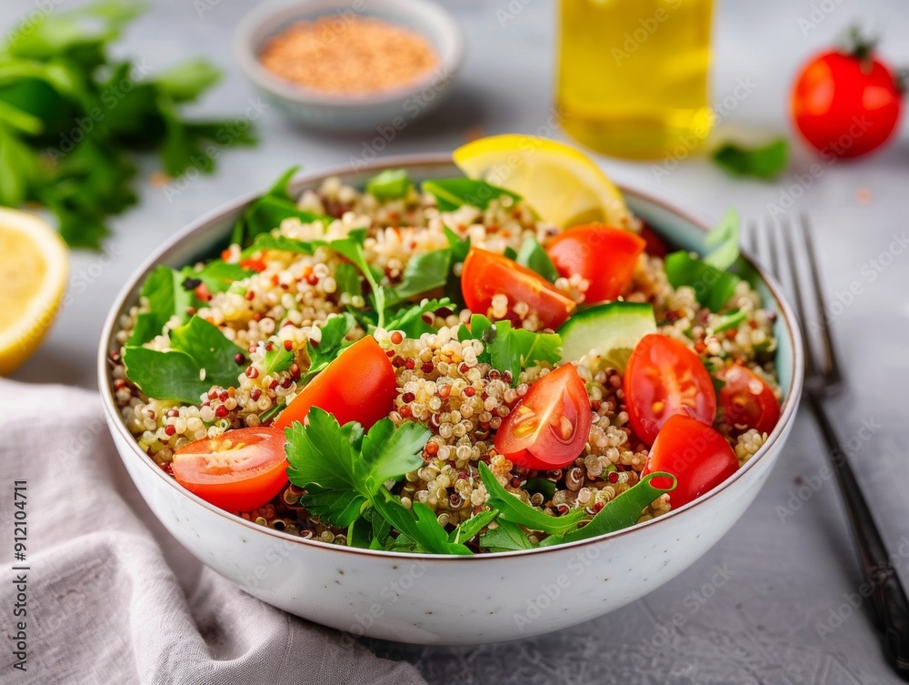 A dairy-free quinoa dish with a heart-healthy focus, offering a nutritious meal with Mediterranean flavors and vibrant ingredients. A dairy-free quinoa dish with a heart-healthy focus, offering a nutritious meal with Mediterranean flavors and vibrant ingredients.