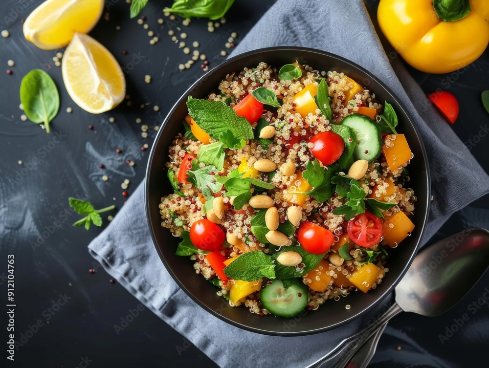A dairy-free quinoa dish with a heart-healthy focus, offering a nutritious meal with Mediterranean flavors and vibrant ingredients. A dairy-free quinoa dish with a heart-healthy focus, offering a nutritious meal with Mediterranean flavors and vibrant ingredients.