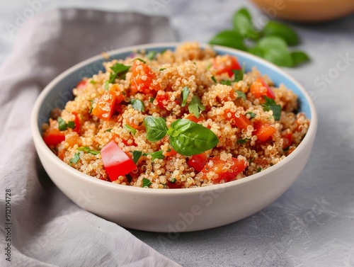 A dairy-free quinoa dish with a heart-healthy focus, offering a nutritious meal with Mediterranean flavors and vibrant ingredients.