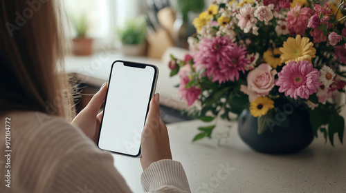 Person holding a smartphone with a blank screen. Cozy home environment with flowers, pillows and wicker decor, concept of relaxation and technology integration photo