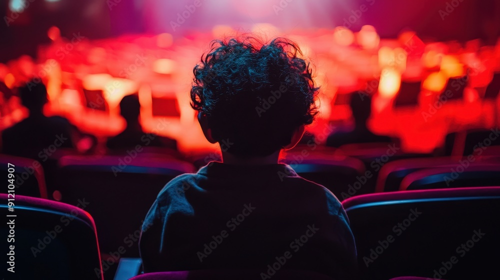 A child watches a captivating performance in a dimly lit theater, surrounded by colorful lights and silhouettes of audience. A child watches a captivating performance in a dimly lit theater, surrounded by colorful lights and silhouettes of audience.