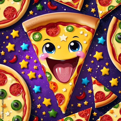 Bright and colorful cartoon pizza with vibrant toppings and a cheerful design. Fun and engaging food illustration. photo