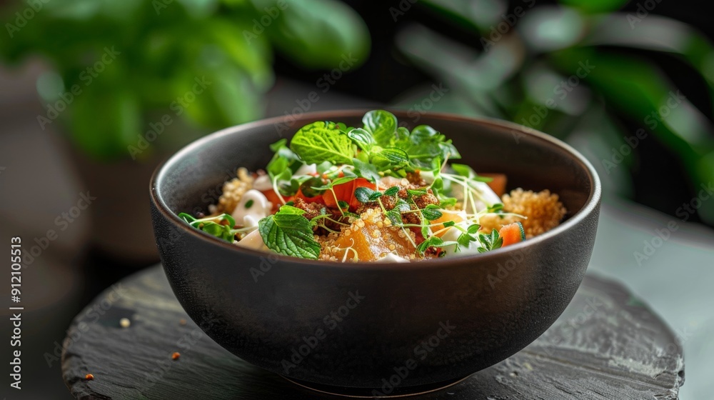 An artistic dairy-free dish featuring quinoa, emphasizing heart-healthy benefits and showcasing Mediterranean cuisine with vibrant and nutritious ingredients.