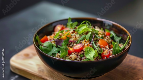 An artistic dairy-free dish featuring quinoa, emphasizing heart-healthy benefits and showcasing Mediterranean cuisine with vibrant and nutritious ingredients.