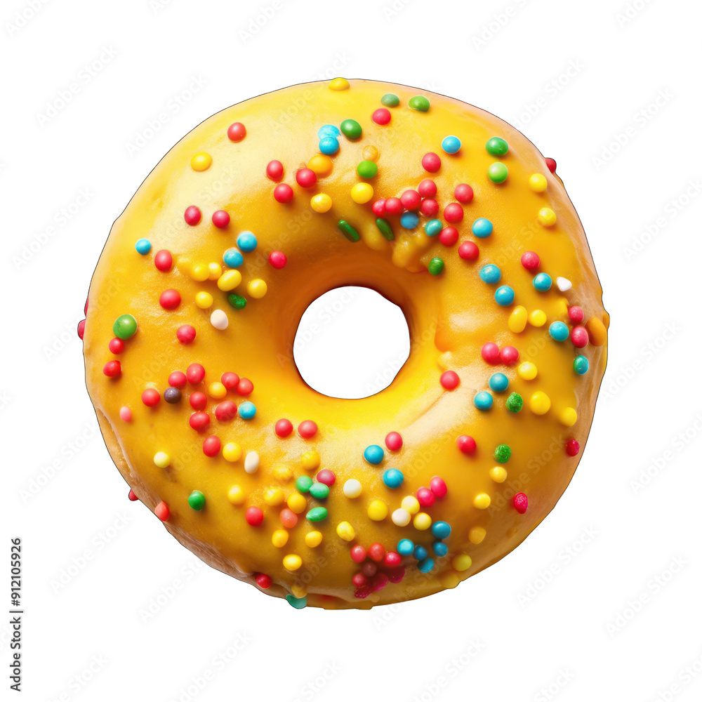 Yellow donut with colorful sprinkle top view isolated on transparent background