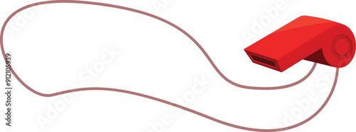 Red whistle is hanging on string and making loud, high pitched sound