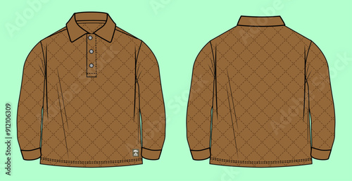 Toddler boys brown quilting long sleeve polo shirt flat sketch outline vector fashion illustration template.