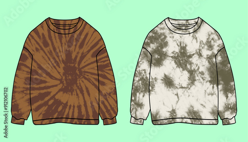 Boys drop shoulder tie dye wash sweatshirt flat sketch outline vector fashion illustration template.