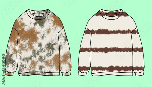 Boys drop shoulder crew neck tie dye wash sweatshirt flat sketch outline vector fashion illustration template.