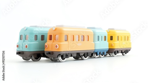 Colorful toy trains lined up on a white background, perfect for children's play, educational activities, and product photography.