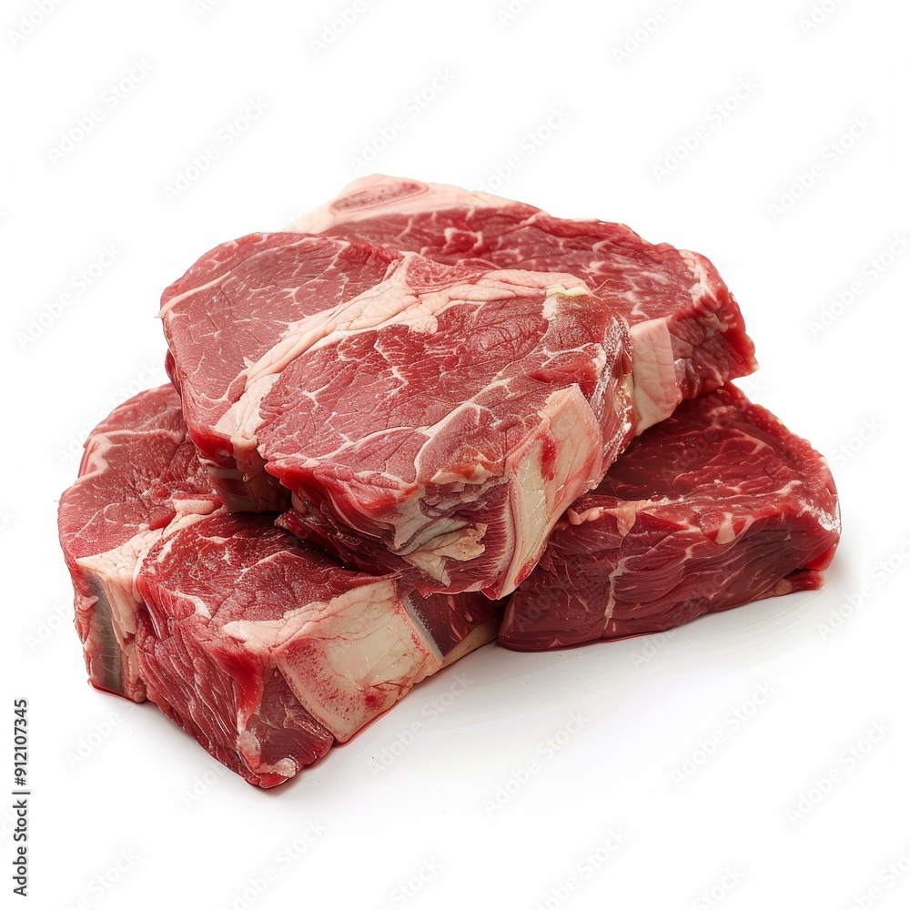 Three raw beef steaks, marbled and fresh, stacked on a white background. Three raw beef steaks, marbled and fresh, stacked on a white background.