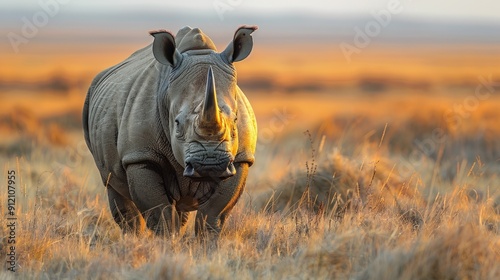 White Rhino in Golden Grassland