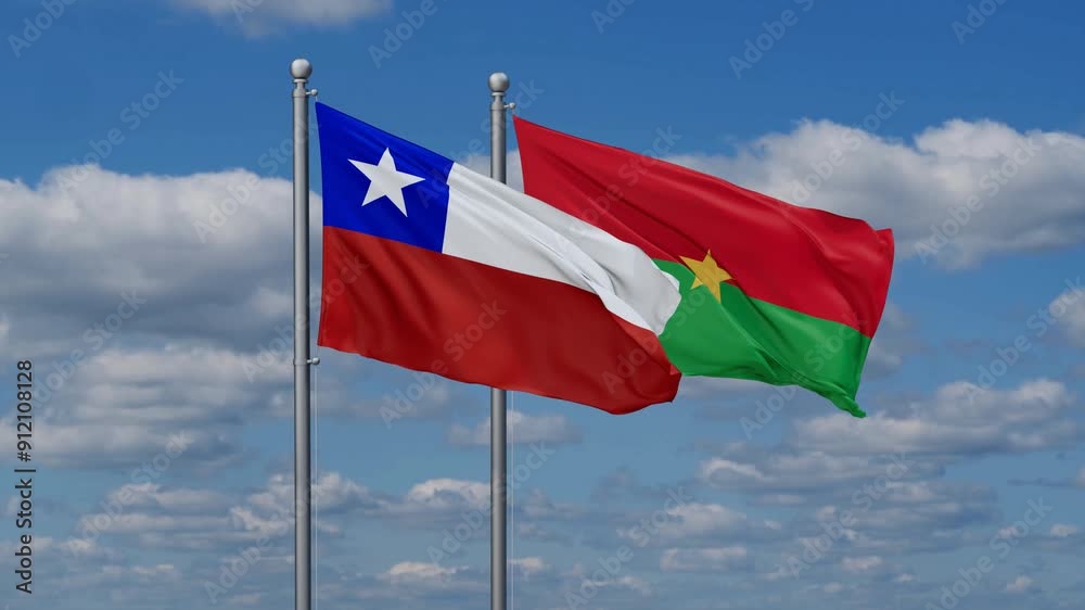 Burkina Faso and Chile flags flying together, video concept of the relationship, two country relations concept