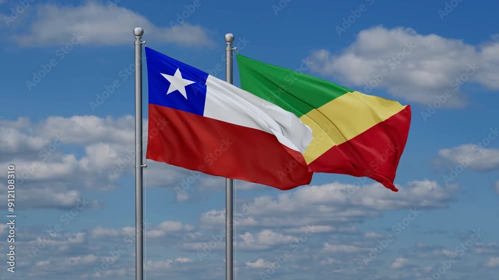 Republic of the Congo and Chile flags flying together, video concept of the relationship, two country relations concept Republic of the Congo and Chile flags flying together, video concept of the relationship, two country relations concept