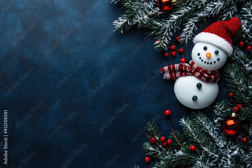 Fototapeta premium colorful christmas border with small lights tumblr, snowman and christmas decorations, navy blue background for flat screen with generative ai