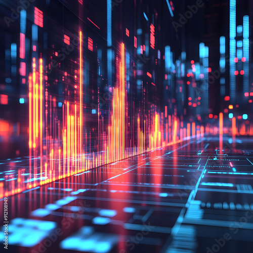 Abstract digital financial data visualization with glowing orange and red graphs in a futuristic high-tech style.