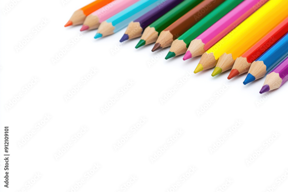 Vibrant colored pencils arranged in a row, perfect for art, creativity, and educational projects. Ideal for design and stock usage. Vibrant colored pencils arranged in a row, perfect for art, creativity, and educational projects. Ideal for design and stock usage.