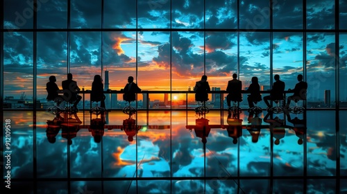Silhouettes of Businesspeople Looking Out at a City Sunset