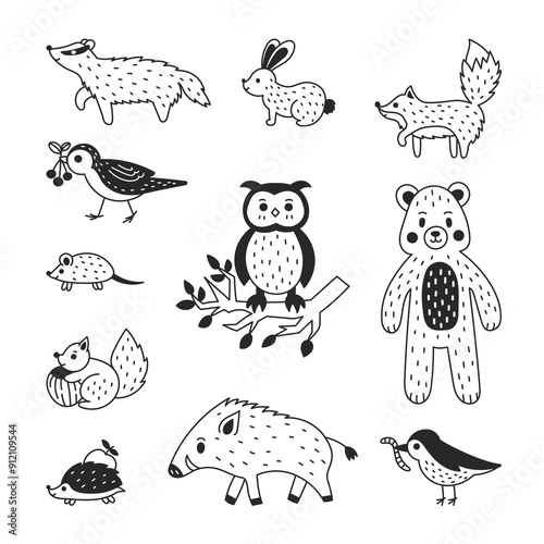 Forest Animals Doodle Set. Hand drawn wildlife characters. Scandinavian woodland Bear owl boar hedgehog badger squirrel hare mouse bird. Outline vector illustration