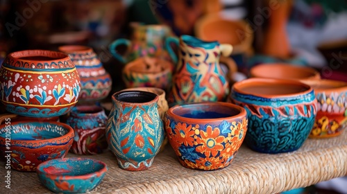 Hispanic folk art pieces, such as hand painted pottery or woven textiles, displayed beautifully