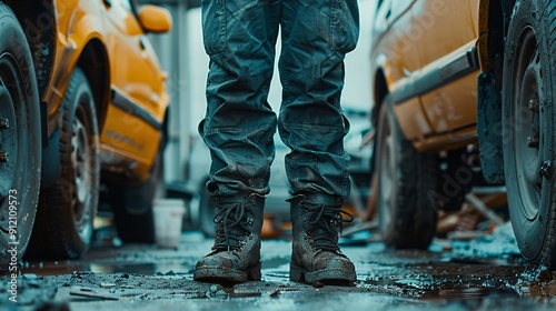 Dirty Boots Standing in Front of Two Cars