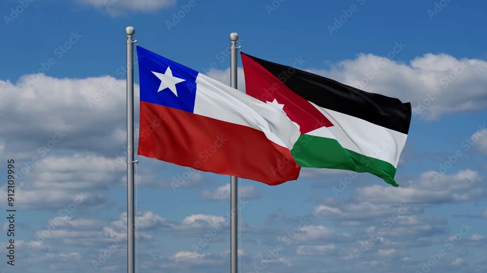 Jordan and Chile flags flying together, video concept of the relationship, two country relations concept Jordan and Chile flags flying together, video concept of the relationship, two country relations concept