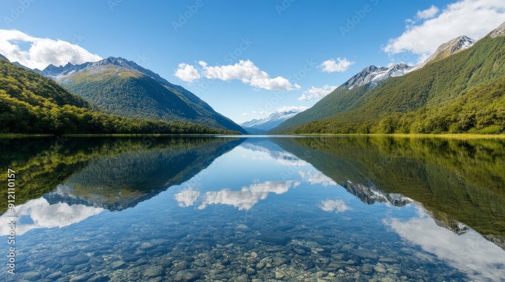 A tranquil scene of a pristine lake surrounded by mountains and dense forests with a clear blue sky overhead highlighting the untouched beauty and serenity of nature A tranquil scene of a pristine lake surrounded by mountains and dense forests with a clear blue sky overhead highlighting the untouched beauty and serenity of nature