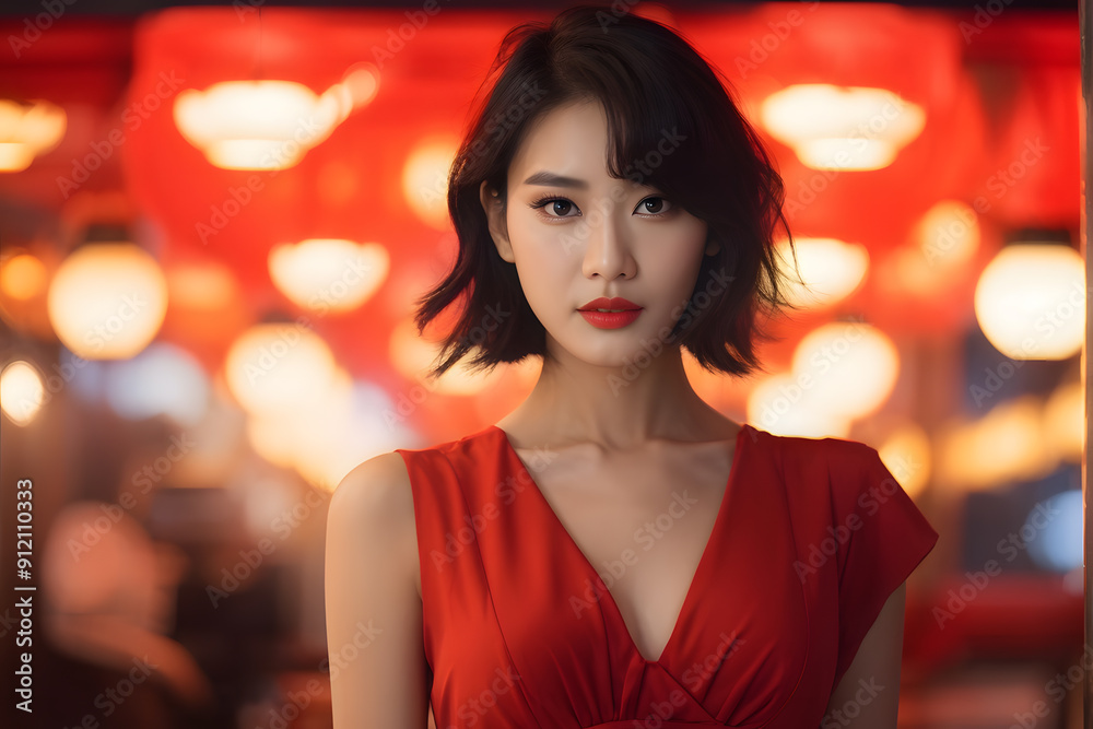 A woman in a red dress poses for a photo in front of a red background A woman in a red dress poses for a photo in front of a red background