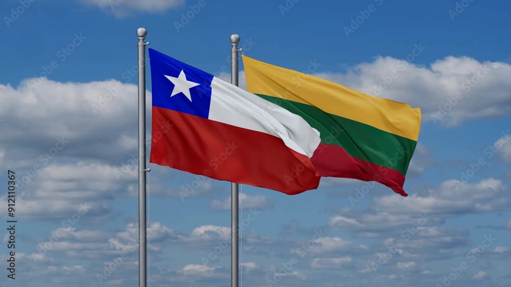 Lithuania and Chile flags flying together, video concept of the relationship, two country relations concept Lithuania and Chile flags flying together, video concept of the relationship, two country relations concept