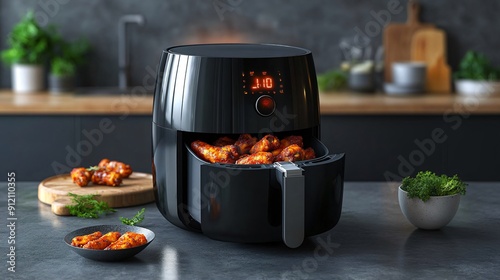 Air fryer cooking chicken wings on a kitchen countertop