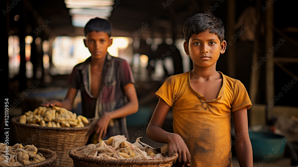 Child labour working in local market, Stop child labour concept. Child labour working in local market, Stop child labour concept.