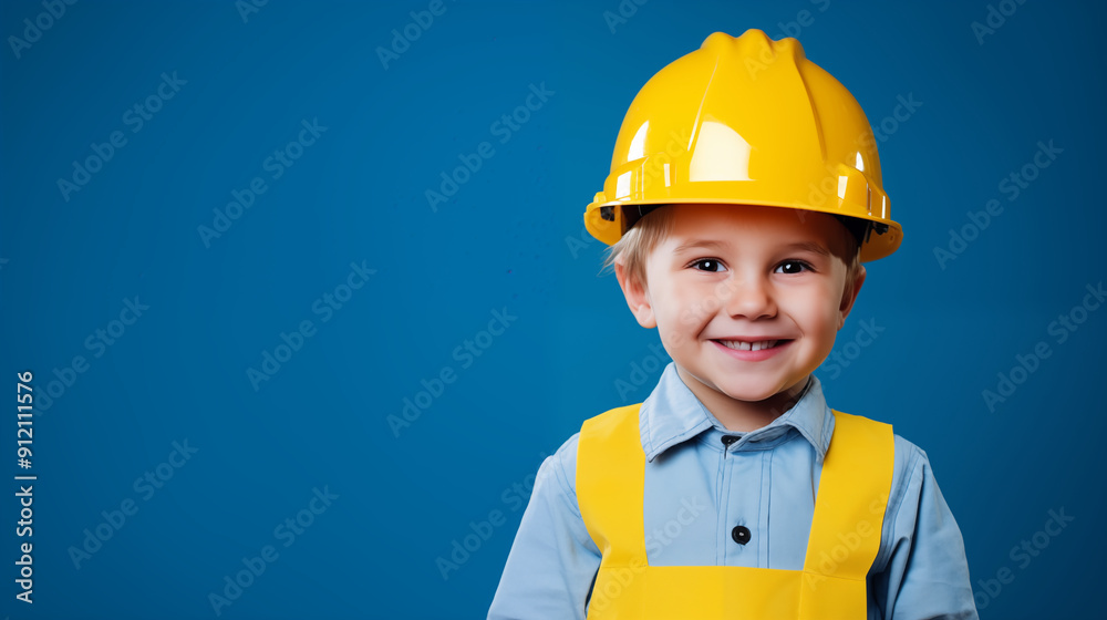 The boy wearing yellow construction helmet stand on blue background with text space, Template of Dream career. The boy wearing yellow construction helmet stand on blue background with text space, Template of Dream career.