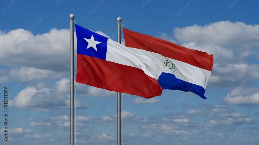 Paraguay and Chile flags flying together, video concept of the relationship, two country relations concept Paraguay and Chile flags flying together, video concept of the relationship, two country relations concept