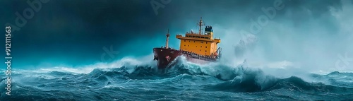 Cargo Ship in Stormy Weather Dramatic shot of a cargo ship navigating through stormy seas, highlighting the ships resilience