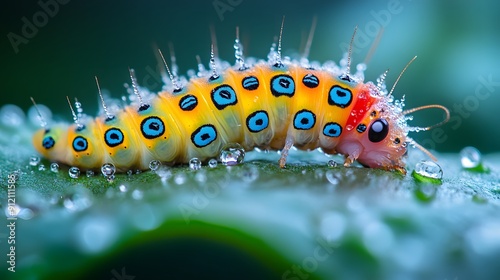 Colorful Caterpillar on a Leaf with Dew Drops.