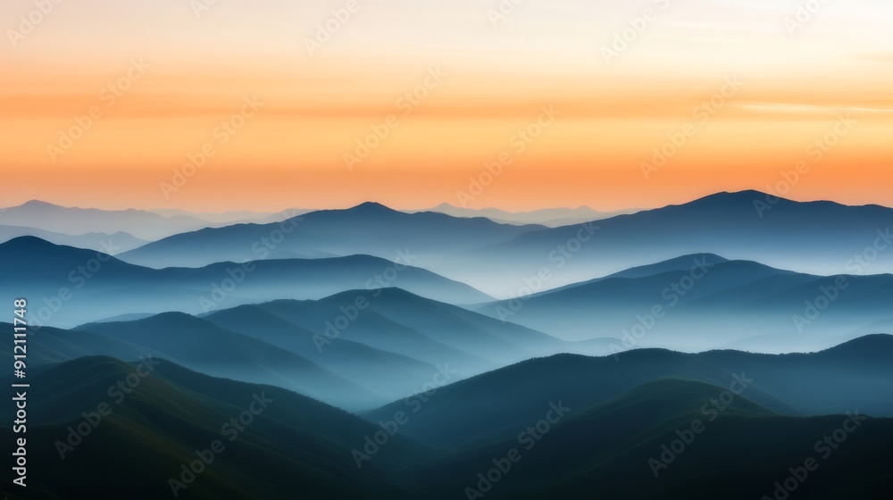 A panoramic view of a majestic mountain range during sunset with layers of colors in the sky and a serene valley below capturing the aweinspiring beauty of the natural landscape A panoramic view of a majestic mountain range during sunset with layers of colors in the sky and a serene valley below capturing the aweinspiring beauty of the natural landscape
