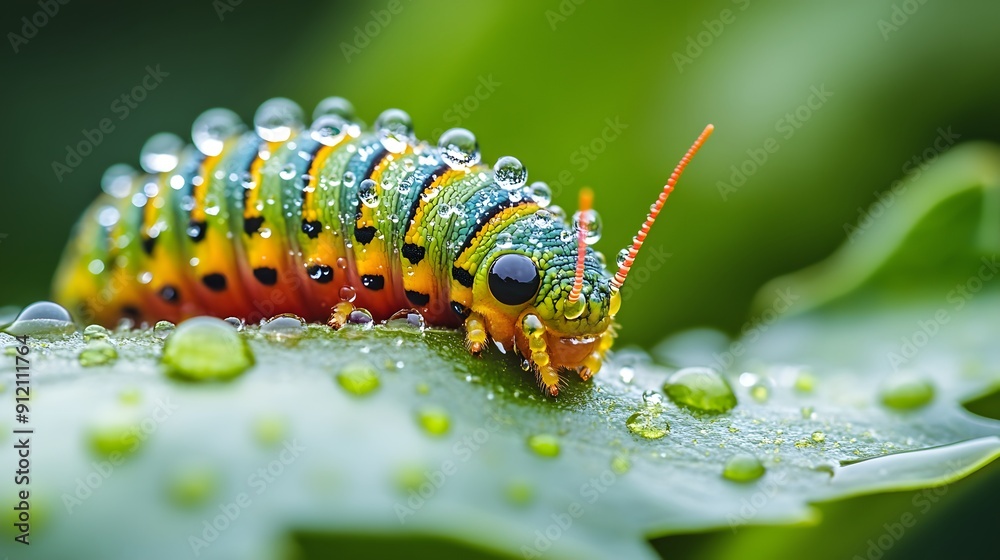 Colorful Caterpillar on a Dew-Covered Leaf. Colorful Caterpillar on a Dew-Covered Leaf.
